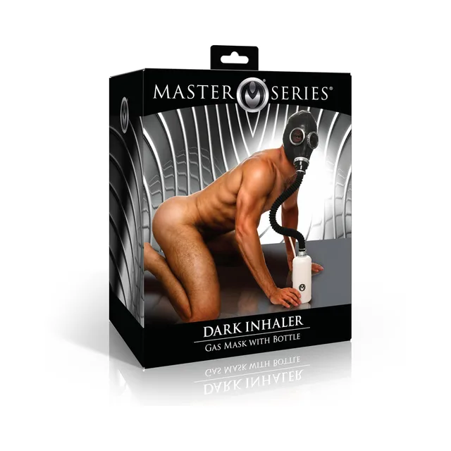 XR Brands Master Series Dark Inhaler rubber mask set in black carton with hose and white bottle graphic