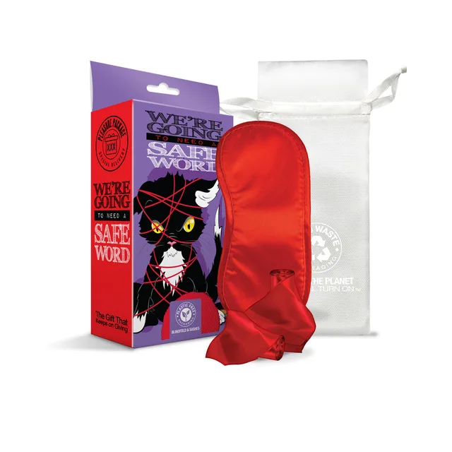 Red satin blindfold and sash set with box and white pouch
