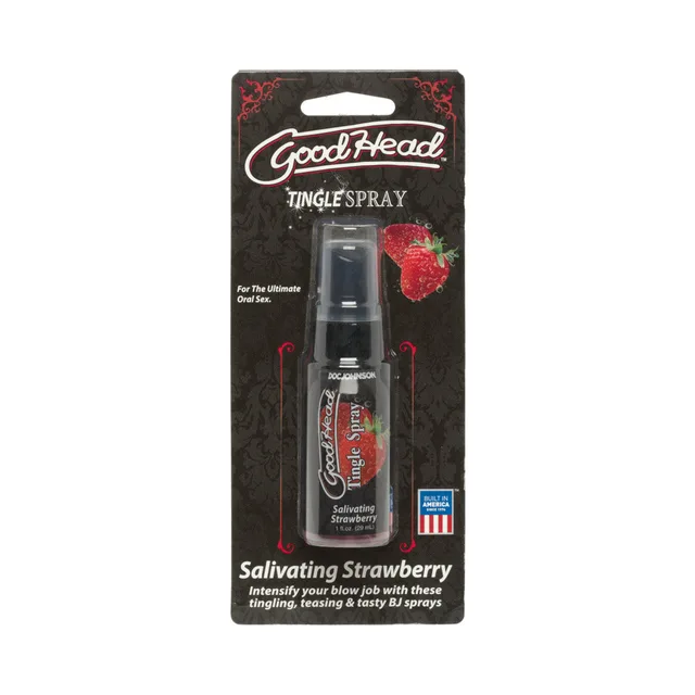 Doc Johnson GoodHead Strawberry Tingle spray inside black retail card with matching fruit graphic