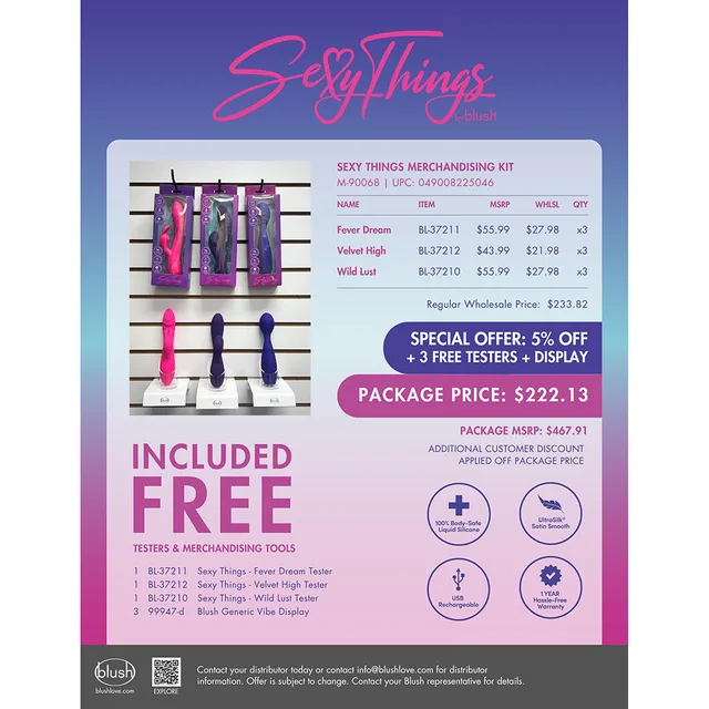 Blush Sexy Things merchandising kit sell sheet showing assorted products testers and display stands