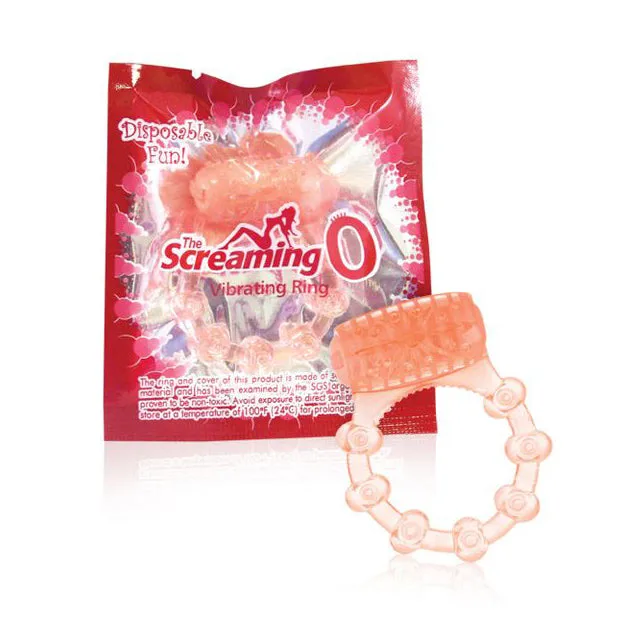 Light pink Screaming O vibrating ring beside red retail pouch