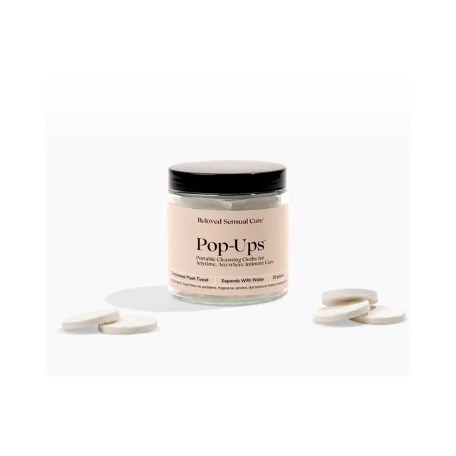 Beloved Pop-Ups clear jar with black lid and cloth tablets beside it
