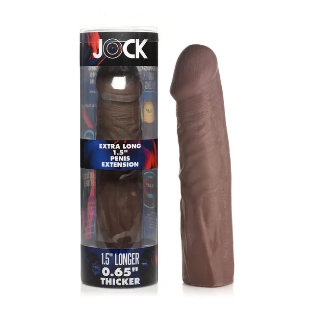 dark brown Jock extra-long textured TPE extension sleeve beside retail box
