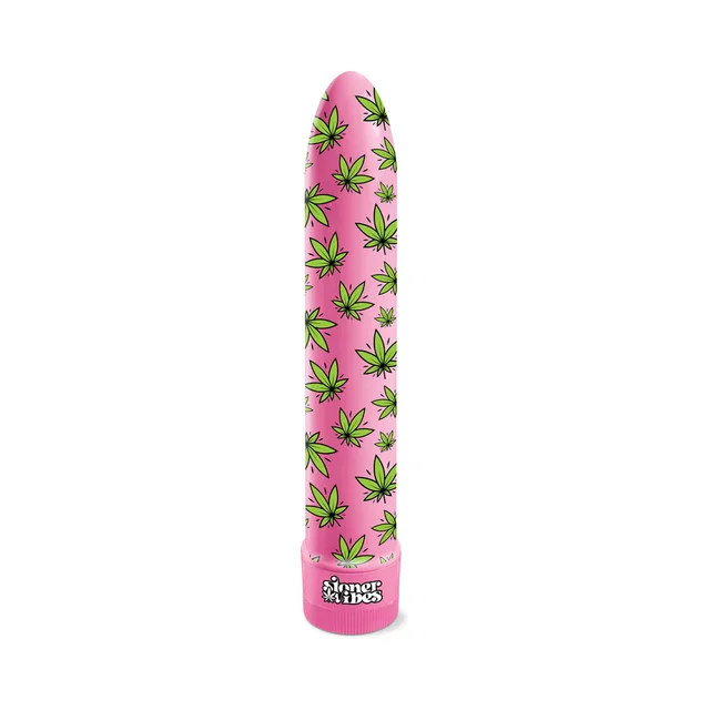 Upright pink Pack A Fatty vibrator with green leaf pattern