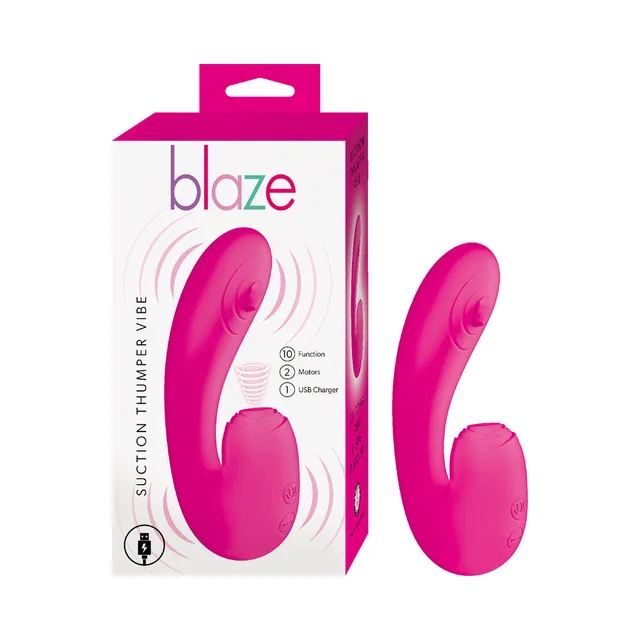 pink Blaze Suction Thumper curved rabbit vibrator beside pink box