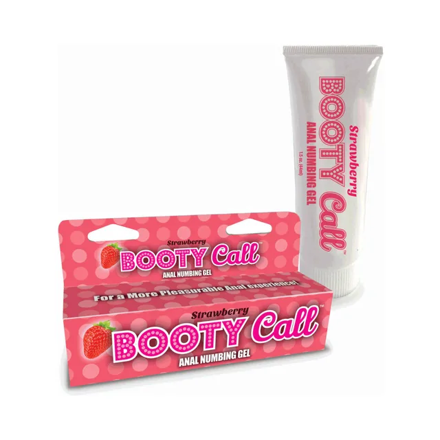Booty Call Strawberry gel tube beside red carton