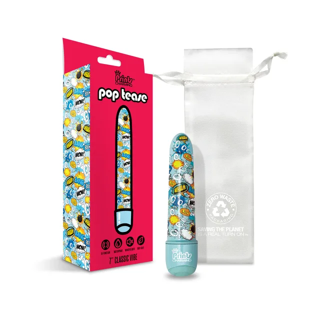 Pop Tease Bang blue vibrator with pink box and white pouch