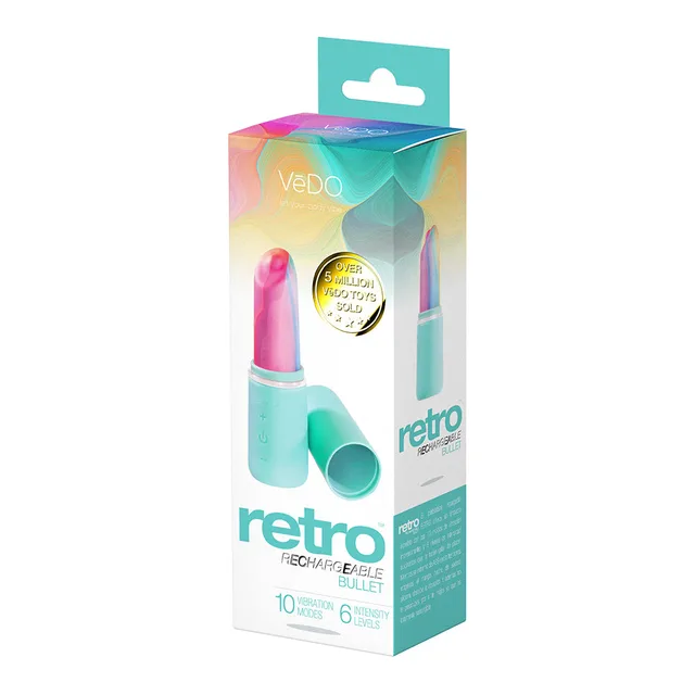 turquoise VeDO Retro lipstick vibrator in white and aqua box