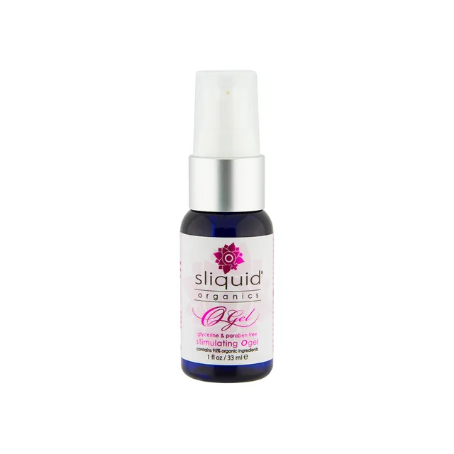 Compact 1 oz Sliquid Organics O Gel pump bottle with white pump and purple label