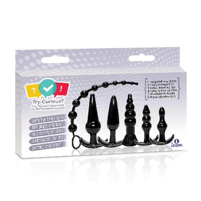 Try-Curious box showing six black graduated plugs and bead strand
