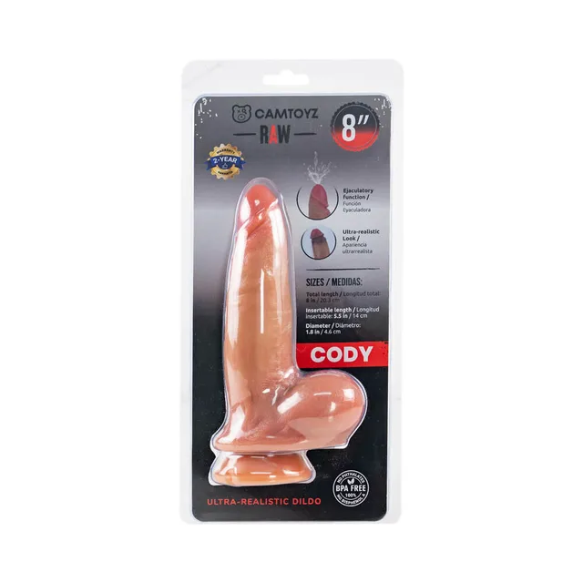 Camtoyz Cody beige squirting dildo front of clear blister packaging