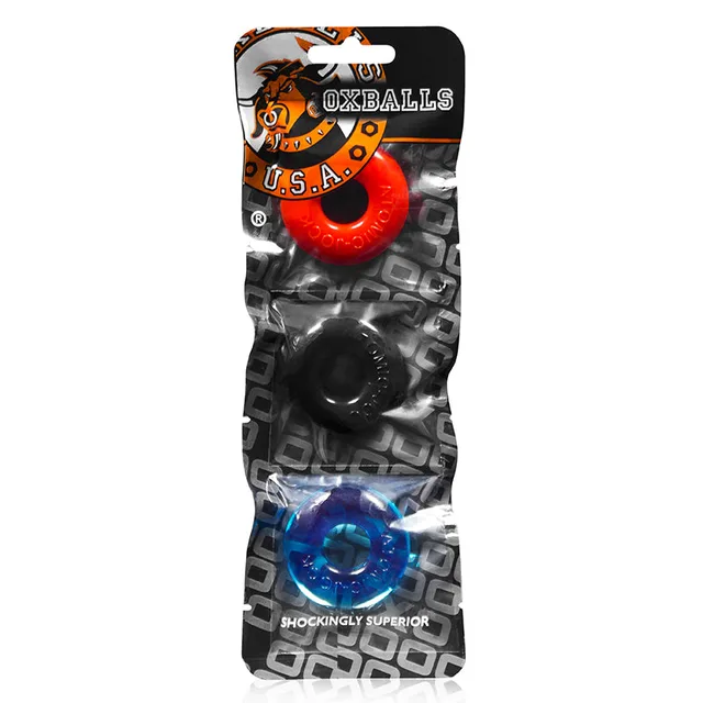 OxBalls Ringer Red Black and Blue Rings in tall package