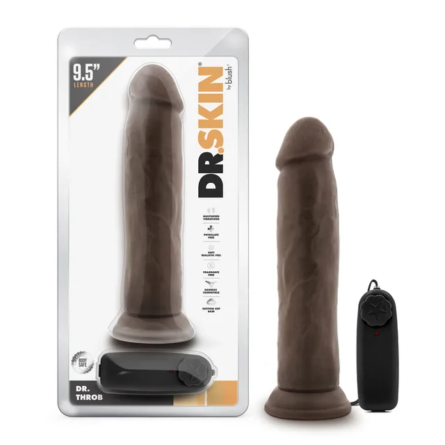 Blush Dr. Throb dark-brown vibrator beside clear Dr. Skin retail package