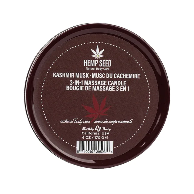Top label of Earthly Body Kashmir Musk 6 oz candle tin