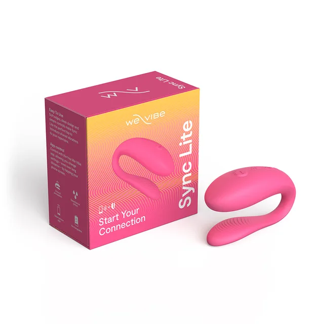 We-Vibe Sync Lite pink C-shaped couples vibrator beside pink retail box