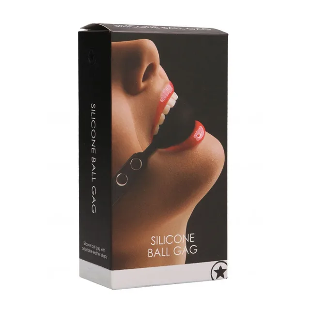 Shots Ouch black silicone ball gag in tall black retail box