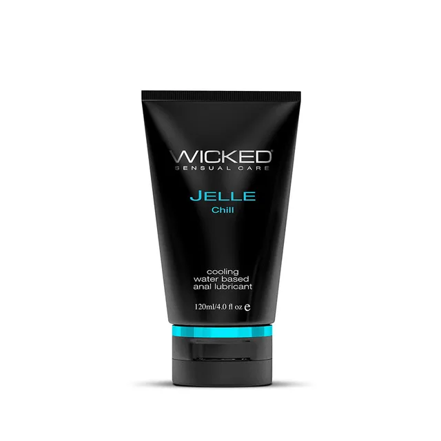 Wicked Jelle Chill 4 oz lubricant upright black tube with turquoise accents