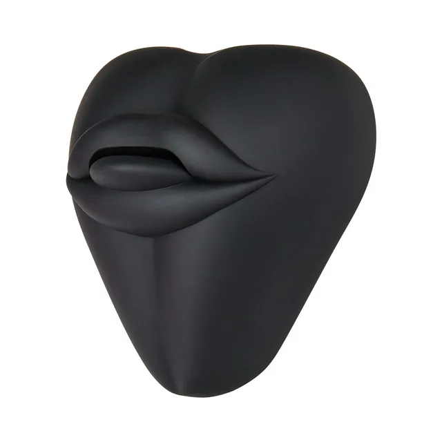 Angled front view of black Kissi cushion with raised lips
