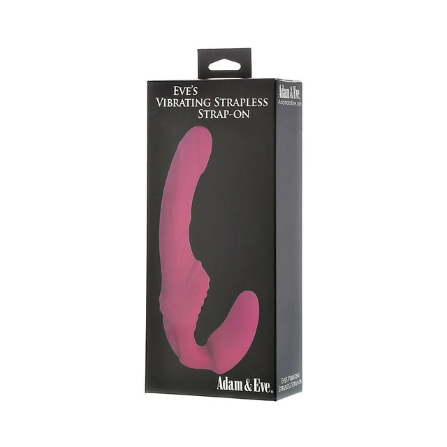 Adam & Eve Eve's burgundy vibrating strapless strap-on pictured inside black retail box