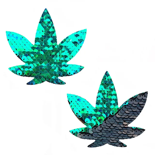 Pair of Neva Nude pot leaf pasties with reversible green and black sequins