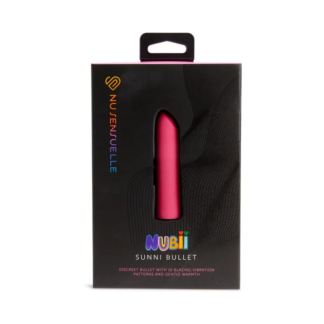 pink Sunni Nubii warming bullet displayed upright in black window package