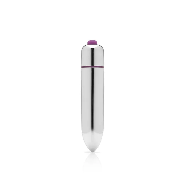 Slim silver Tantus replacement bullet vibrator with purple top button