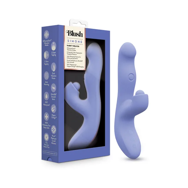 Blue Blush Simone tapping rabbit vibrator beside retail box