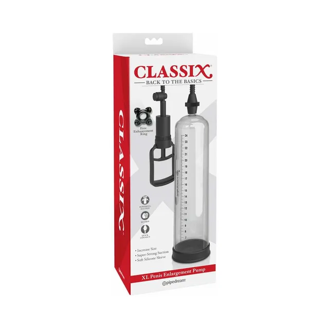 Pipedream Classix XL clear cylinder pump kit in red and white retail box