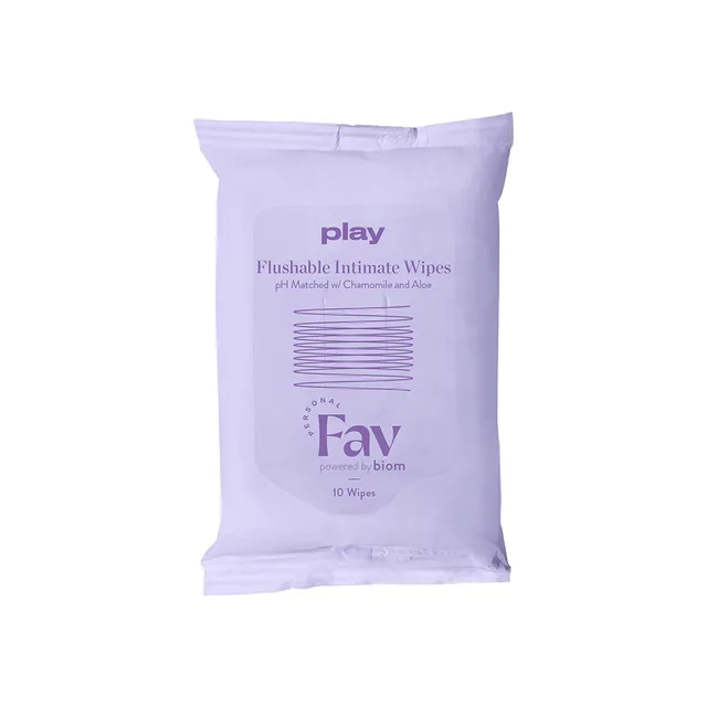 lavender resealable packet of Personal Fav Play flushable intimate wipes