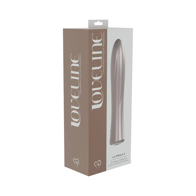 light pink LoveLine La Perla II silicone vibrator pictured on taupe retail box