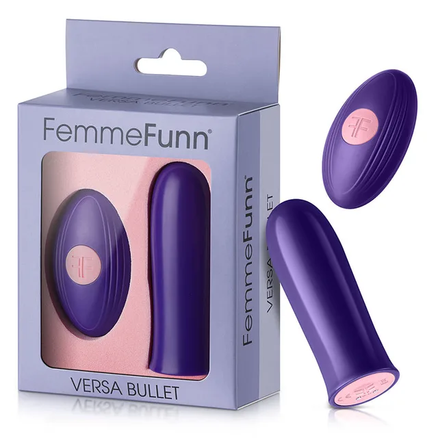 Dark purple FemmeFunn Versa bullet, oval remote and retail box
