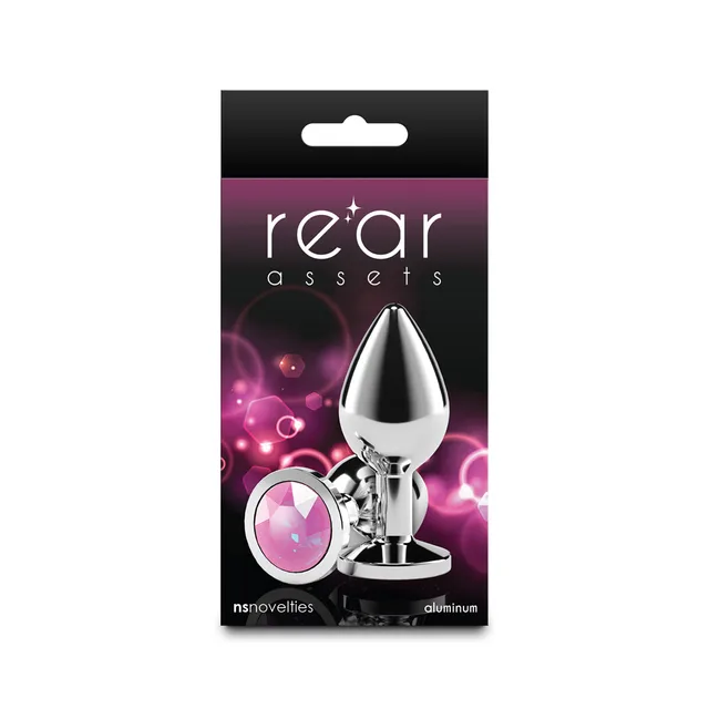 Rear Assets medium silver plug with pink gem in black box