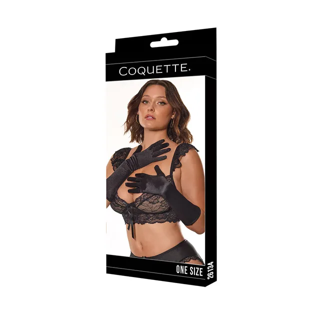 Coquette black one-size gloves displayed on branded retail package