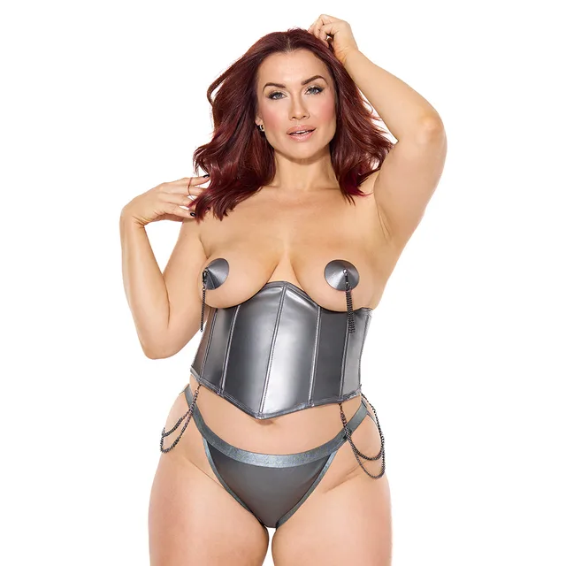 Front view of model wearing queen-size Coquette gray waist cincher