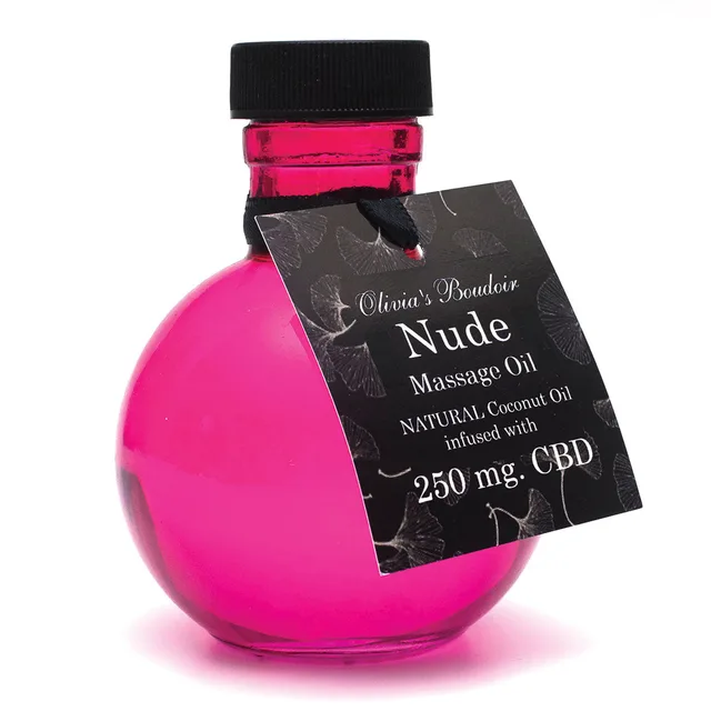 round translucent pink Olivia's Boudoir Nude massage oil bottle with black cap and hanging label