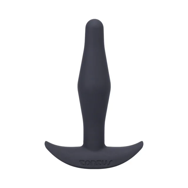 Tantus Little Flirt Onyx black plug front view of tapered body and curved base