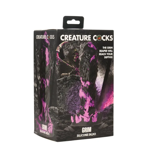 purple and black Creature Cocks Grim textured silicone dildo on dark retail box
