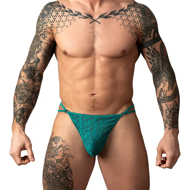 Male Power Ripple Micro V-String in teal size S/M worn from the front to show the ripple-pattern pouch