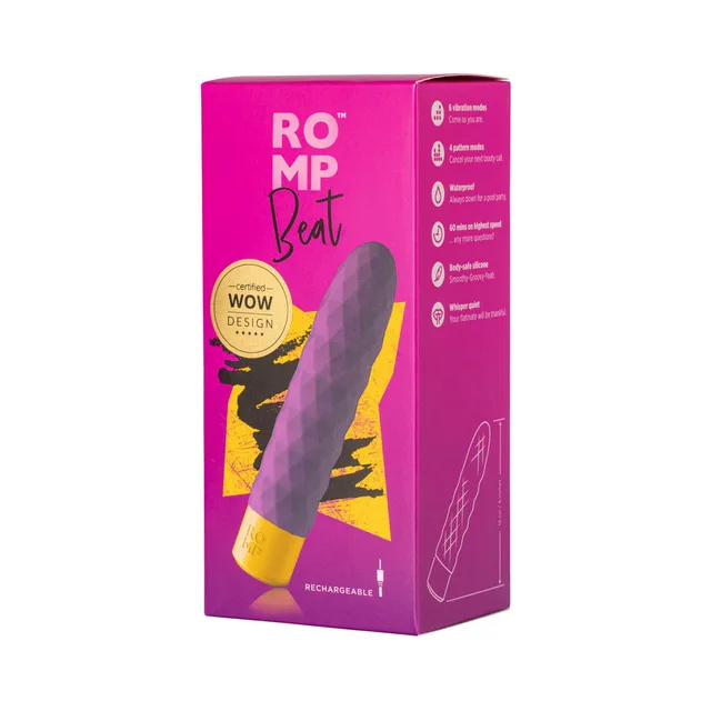 ROMP Beat purple bullet vibrator pictured on pink retail box
