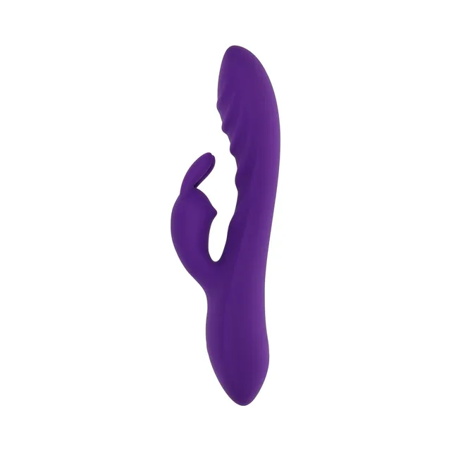 angled front view of purple Wavy Rabbit with curved rippled shaft and side branch