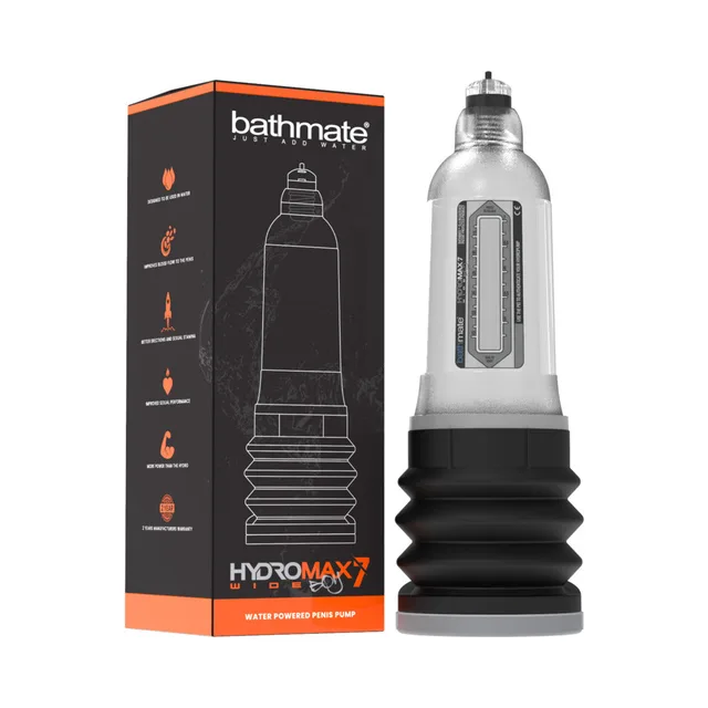 Bathmate Hydromax7 Wide Boy Clear penis pump broad transparent cylinder beside orange-and-black retail box