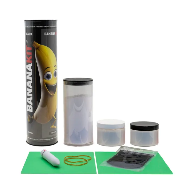 BANANAKIT black complete kit component layout with clear cylinder and small containers