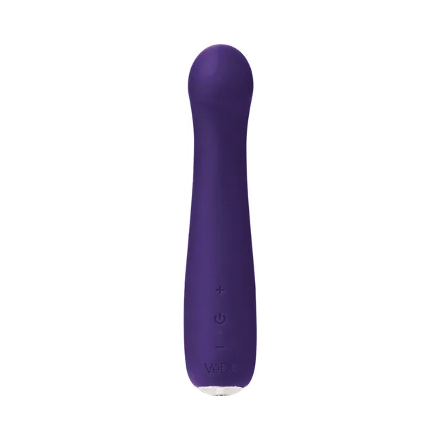 VeDO Gingi purple curved vibrator upright front view with rounded bulb tip