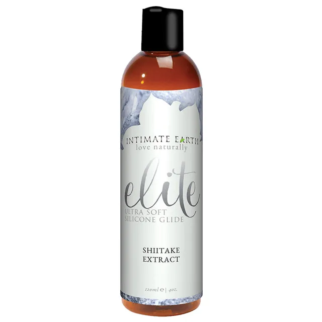 Intimate Earth Elite Shiitake Glide tall amber bottle with silver shiitake label and black cap