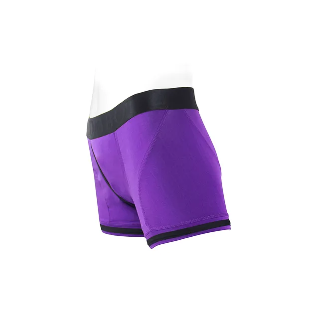 SpareParts Tomboii purple and black nylon boxer size XS rear three-quarter view with contrast leg trim