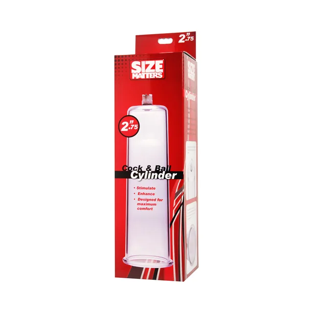 clear Size Matters cock and ball pump cylinder in red retail box marked 2.75 inches