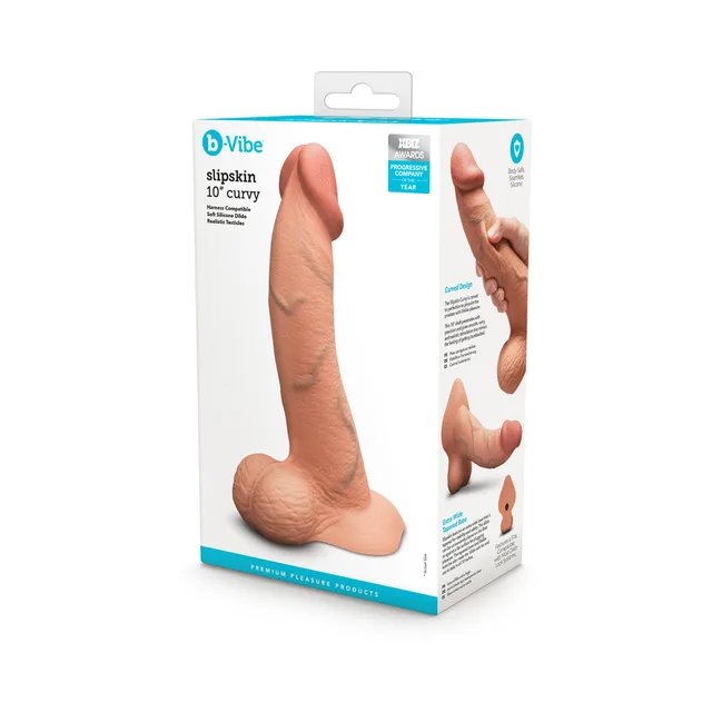 b-Vibe Slipskin Curvy 10-inch dildo shown in retail box