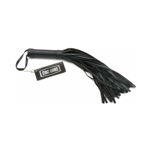 black Pleather Pleasure mini flogger with wrapped handle wrist loop and tag