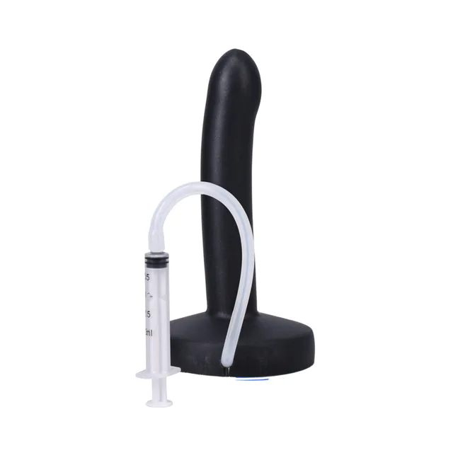 Black POP Slim dildo standing beside connected syringe