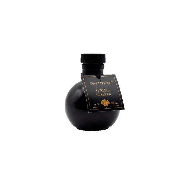 round black 4 oz bottle of Olivia's Boudoir Tuxedo massage oil
